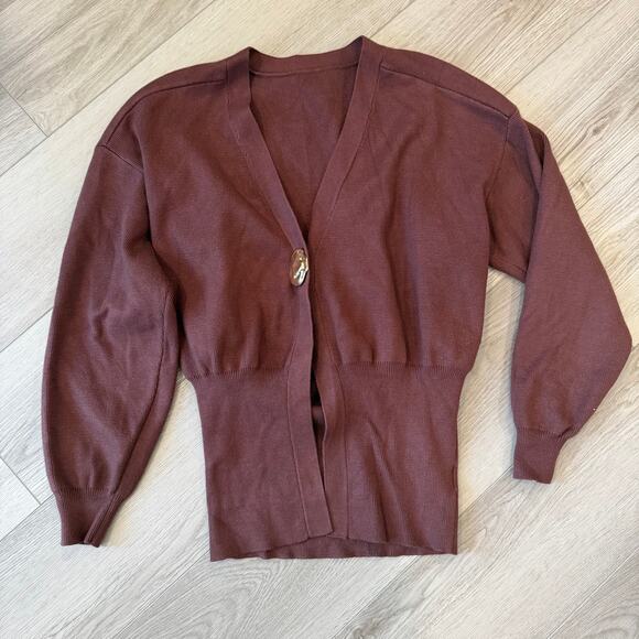Commense Chocolate Brown Gold Button Stretch Elegant Cardigan Medium - Picture 2 of 8